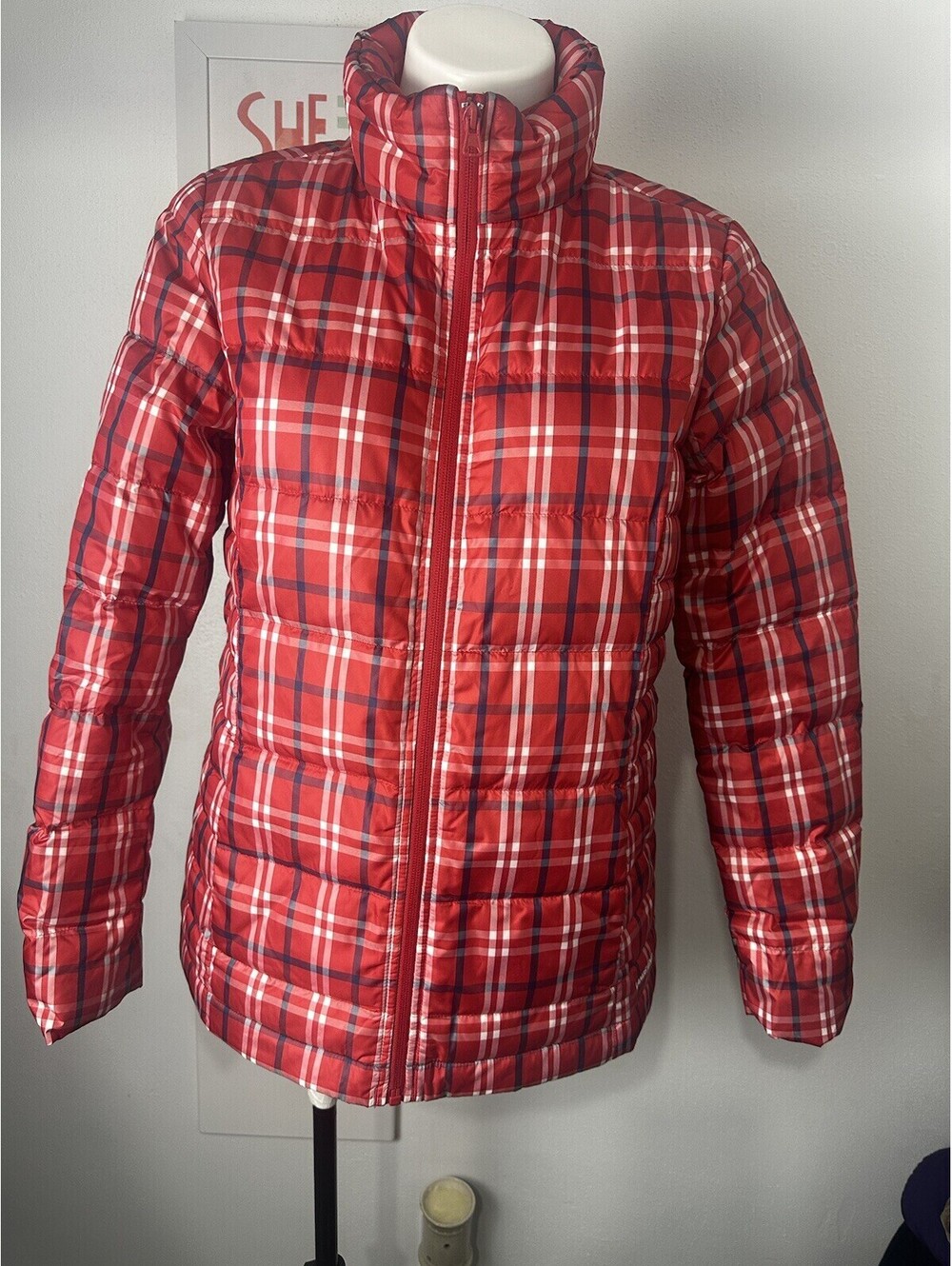 Lands' End Red Plaid 600 Fill Goose Down Puffer Coat Jacket Women's Small NWOT